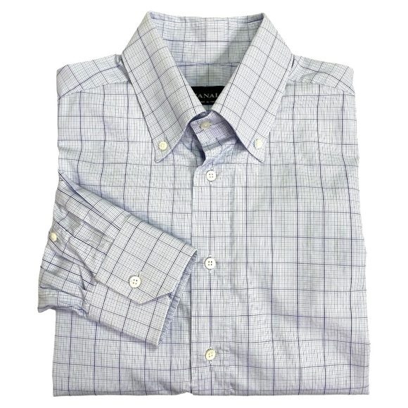 Canali Other - Canali Mens Blue and White Plaid Long Sleeve Button Down Dress Shirt Size 43/17
